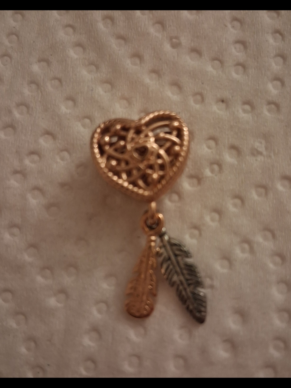 Two-Tone Heart Filigree Charm with Dangling Feathers - Women Jewelry Sell As It